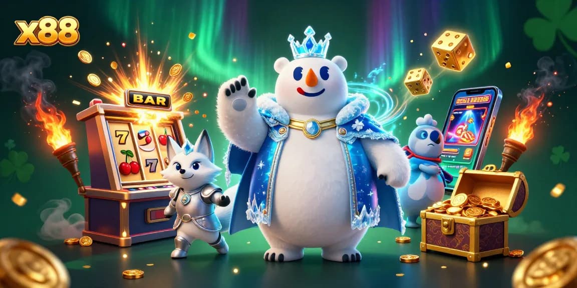 Spin the reels with x88's thrilling casino adventures surrounded by luck symbols.