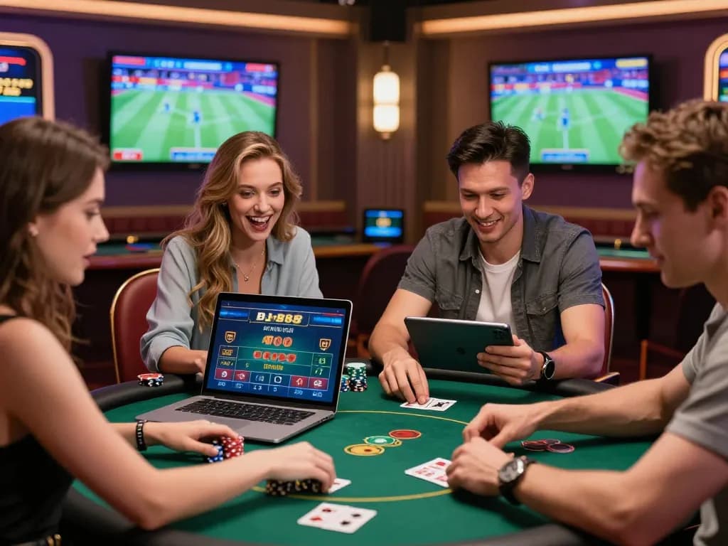 Engaged players enjoying diverse gaming experiences at BJ888 online casino, showcasing excitement in a vibrant casino atmosphere.