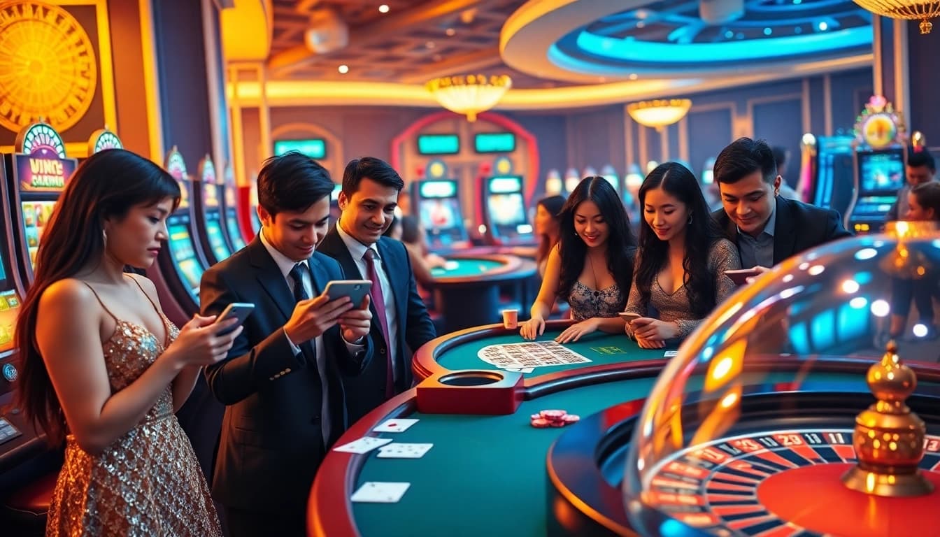Players enjoying gaming with the win55 app on mobile devices in a vibrant casino setting.