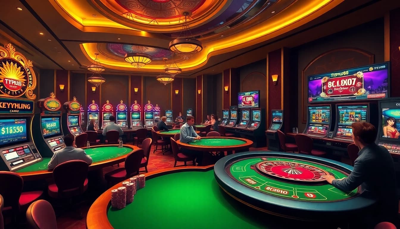 Exciting Typhu88 casino scene with card tables, vibrant slot machines, and animated players enjoying games.