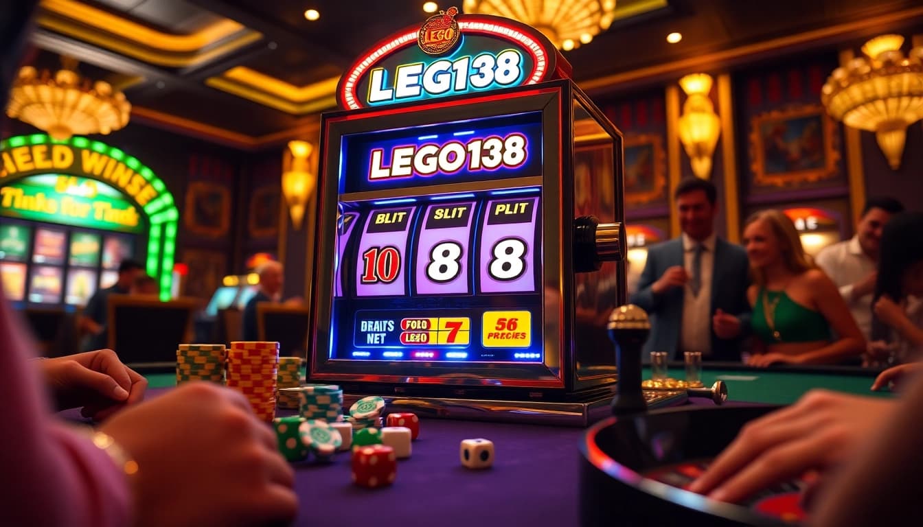 Players enjoy a thrilling game on the LEGO138 slot machine surrounded by vibrant casino elements.