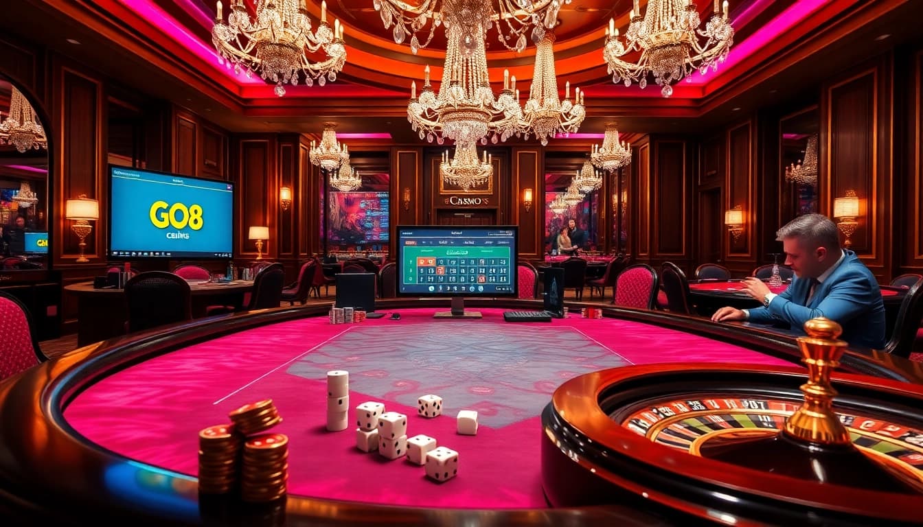 Experience the thrill of gambling at GO8 poker tables with vibrant chips and a luxe setting.
