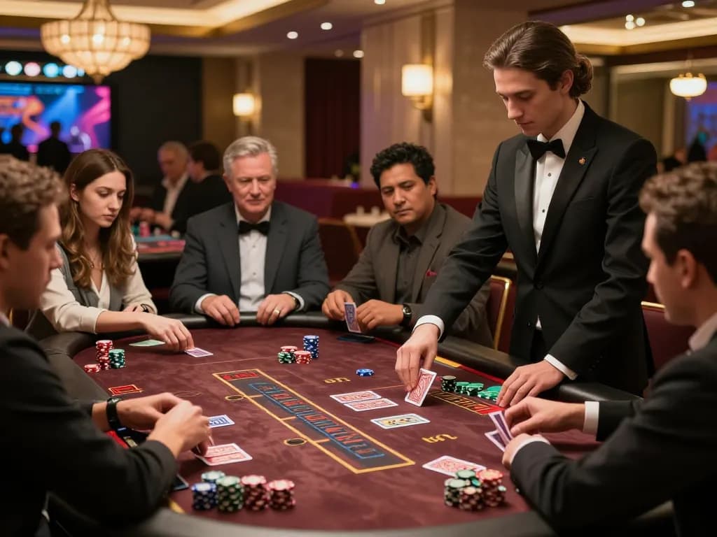 Experience mb88slot action at a luxurious blackjack table with engaging players and a professional dealer