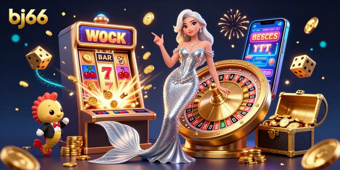 Experience the excitement at bj66, featuring a stunning illustration of a casino scene with live roulette and slot machines.