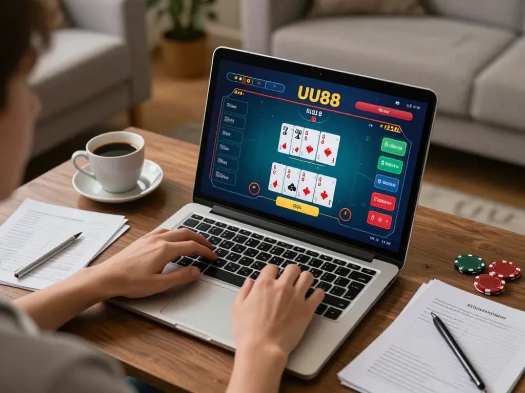 Person engaging in online poker on UU88, showing a cozy home setting with gaming strategies.