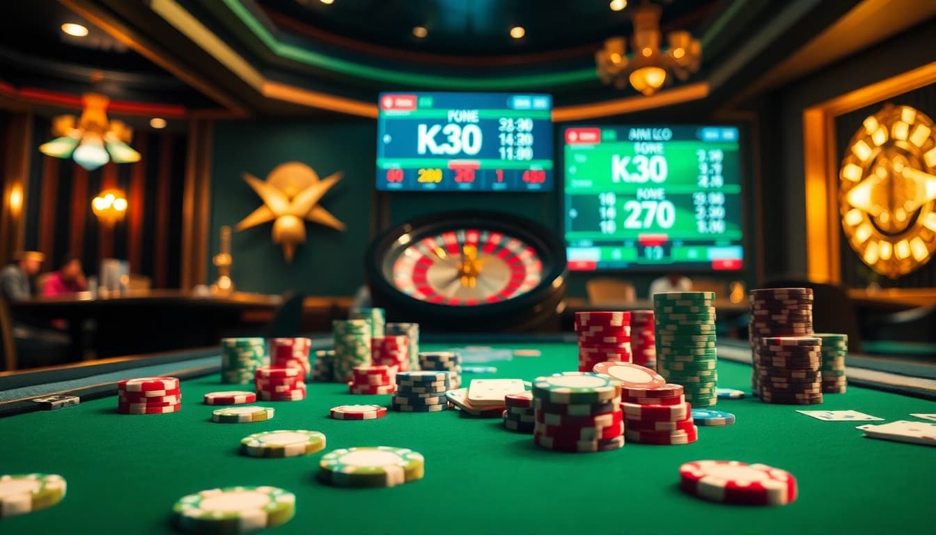 Experience the thrill of kqbd with vibrant casino visuals, featuring poker chips and live sports updates.