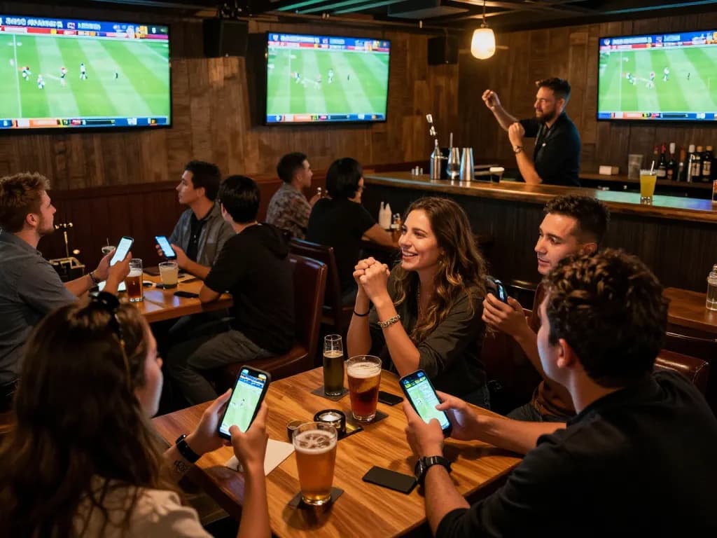 Kèo nhà cái odds displayed on smartphones while patrons celebrate at a lively sports bar during live betting