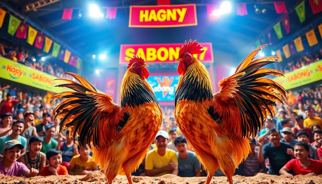 Exciting live sabong 67 event with cheering crowd and vibrant fighting cocks.