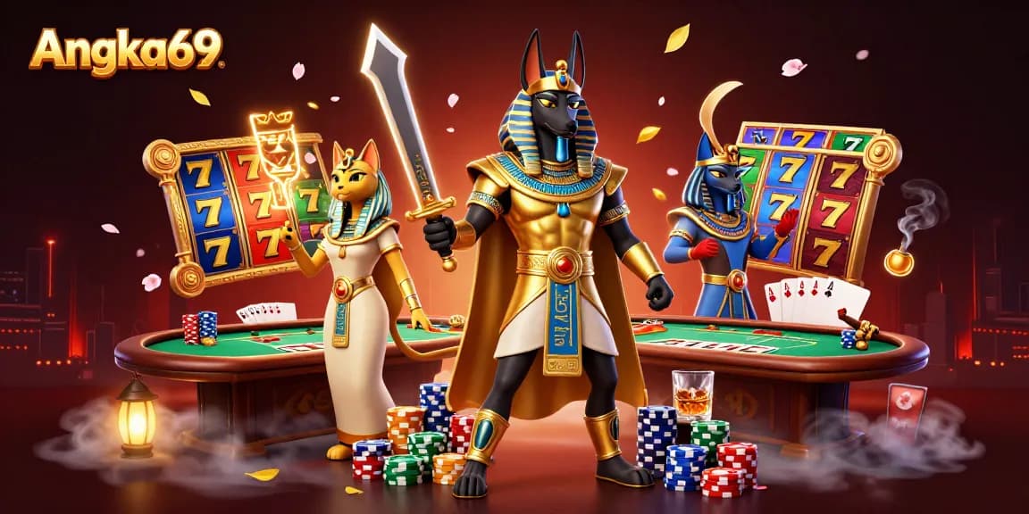 Experience Angka69 with vibrant slot reels and dynamic characters in an immersive casino scene.