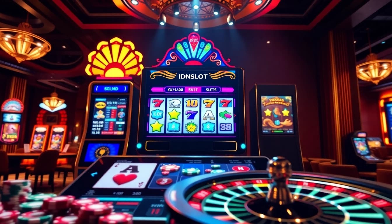 Experience thrilling gameplay on idnslot’s vibrant online casino with stunning slot machines and poker chips.