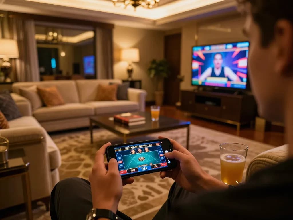 Player engaging with HD88 mobile app for live dealer games in a cozy homely environment