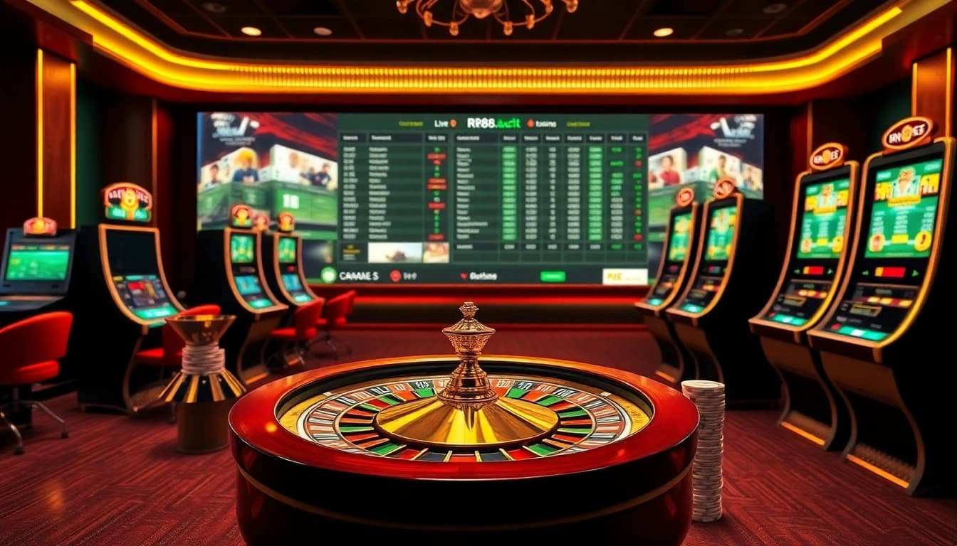 Experience thrilling online gambling with https://rr88.auction/, showcasing roulette wheels and poker chips.