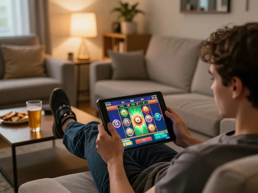 Player enjoying mobile slots at home with https://rr88.navy/ showcasing exciting graphics and cozy ambiance.
