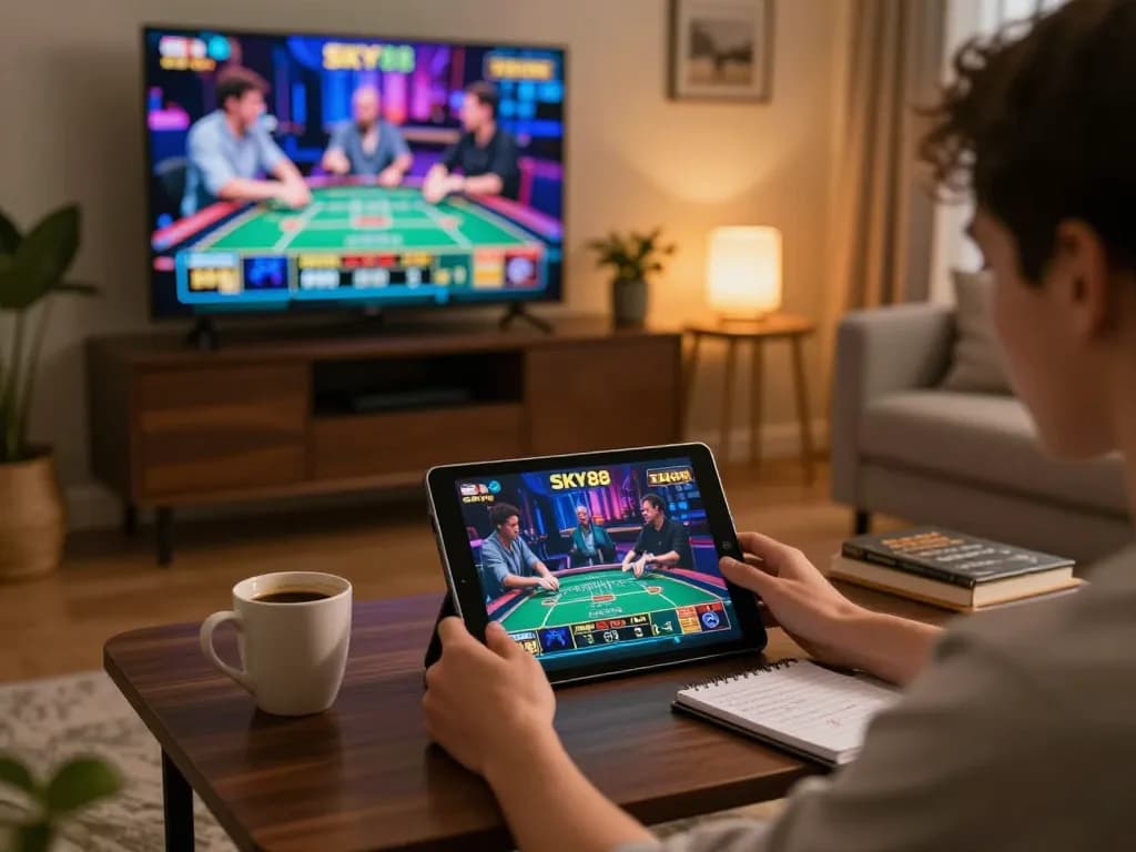 Playing SKY88 com on a tablet at home while tracking betting strategies, relaxed atmosphere