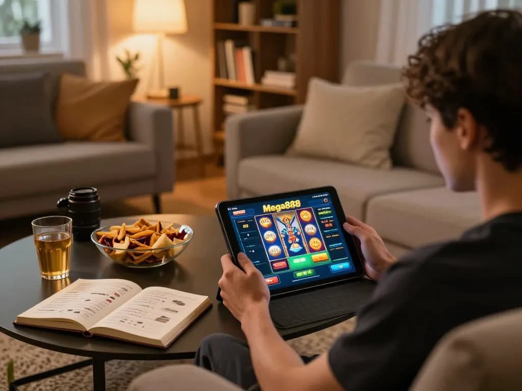 Player enjoying free credit mega888 while gaming at home on a tablet.