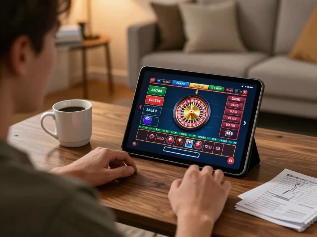 Engaging in live casino gaming on tablet at home, showcasing upintogel gaming and strategy.
