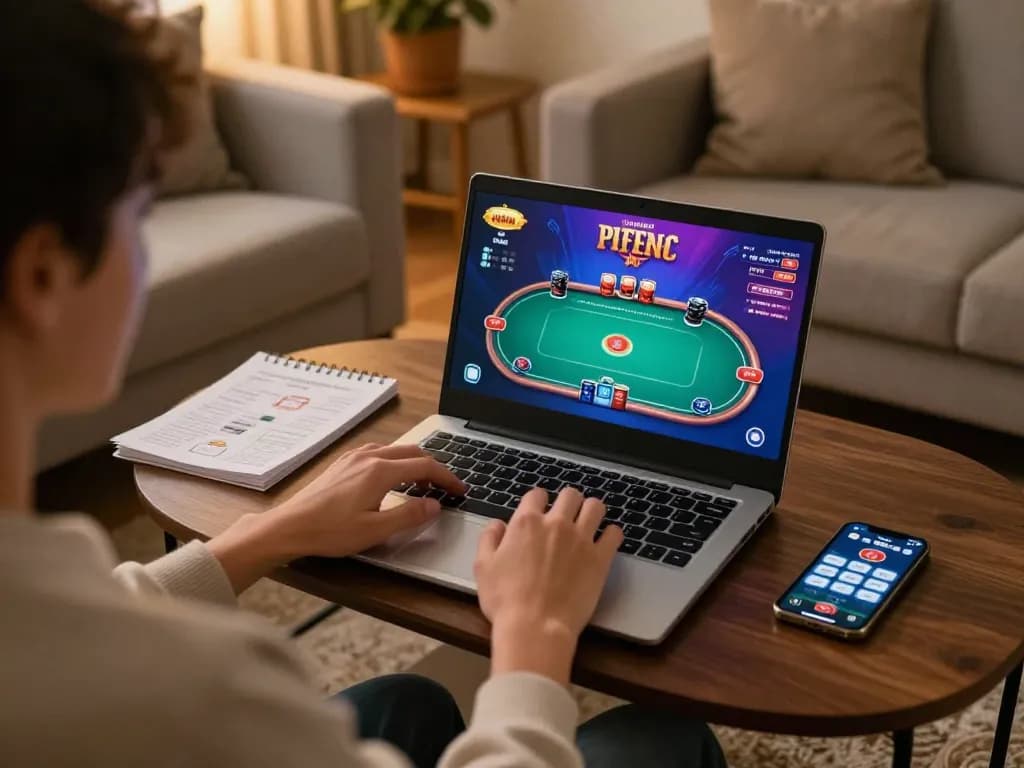Player using a laptop for online gambling at home, showcasing f8beta2 poker game interface and strategic notes
