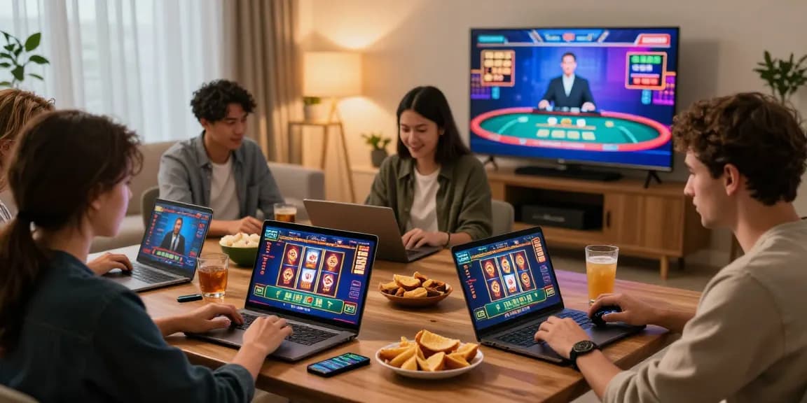 Exciting players exploring credit card casinos UK with multiple devices and vibrant gaming graphics.