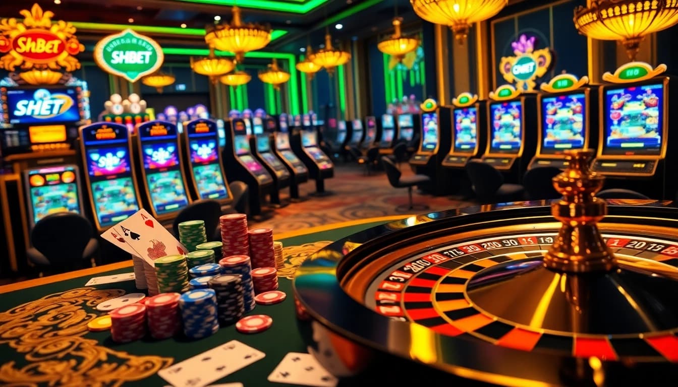 SHBET casino scene featuring vibrant poker chips, roulette wheel, and elegant slot machines.