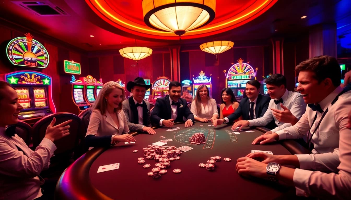 Engaged players betting big at U888's vibrant poker table in a luxurious casino atmosphere.