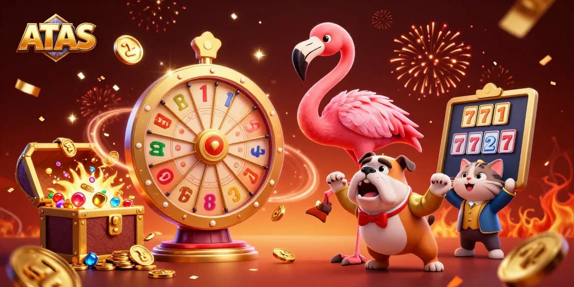Engaging scene from ATAS casino with a game show host flamingo turning a prize wheel, surrounded by slot game elements and festive effects.