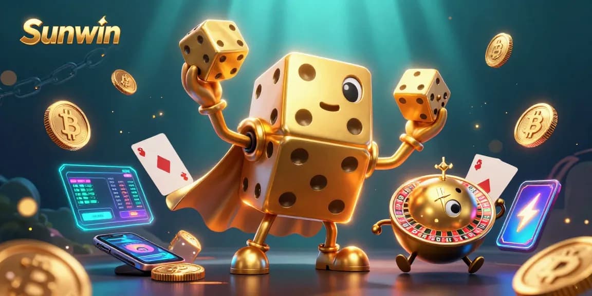 Experience thrilling gaming with Sunwin's dazzling casino scene full of golden dice and crypto elements.