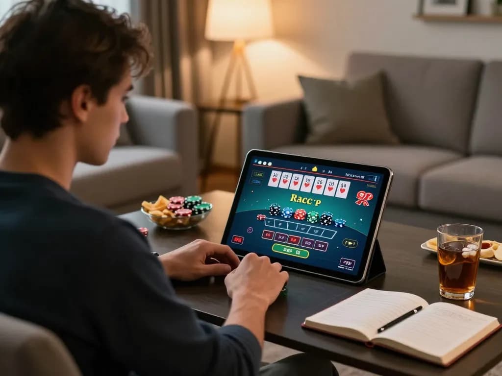 Engaging in a baccarat game on a tablet, showcasing nk888 for online gaming enthusiasts.