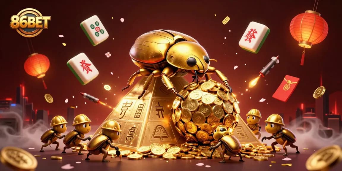 Engage with 86BET’s thrilling gaming scene featuring golden beetles, vibrant symbols, and casino excitement.