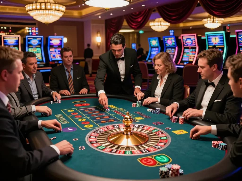 Excited players engaging in a roulette game at cm88 casino, placing bets with colorful chips.