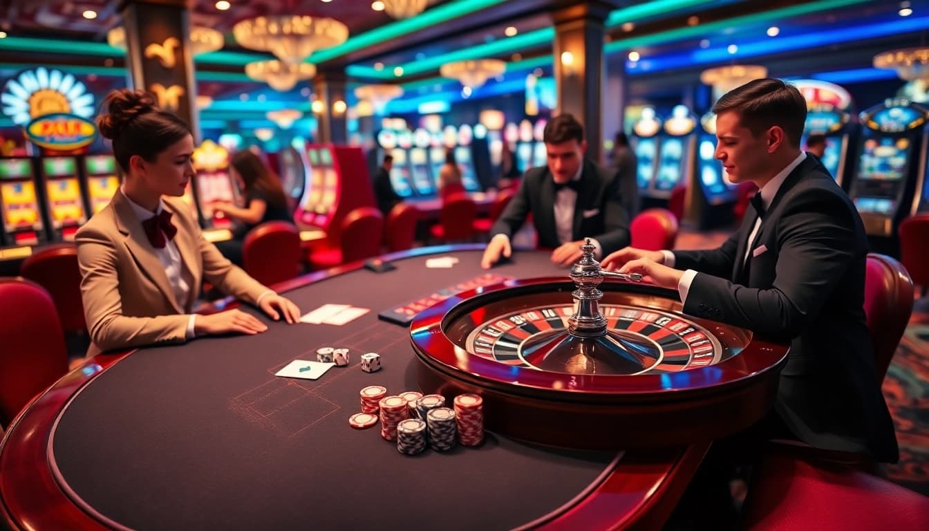 Experience lô đề uy tín excitement with players at a luxurious casino table surrounded by vibrant decorations.