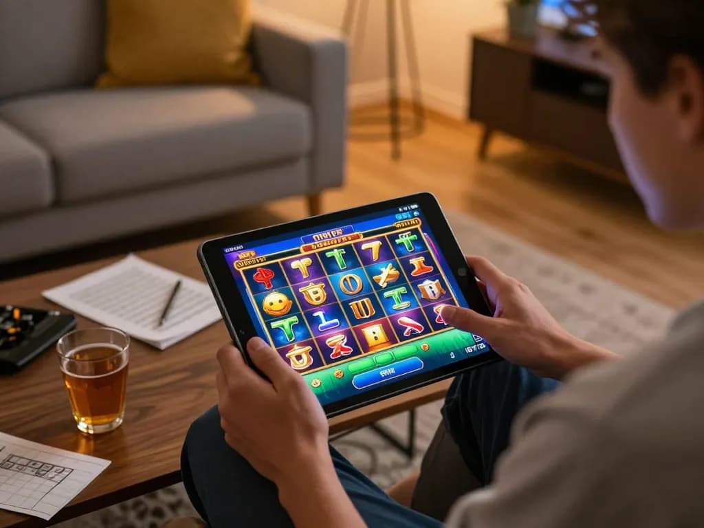 Kegembiraan Panda Win saat pemain memutar tablet untuk slot online di lingkungan yang nyaman.