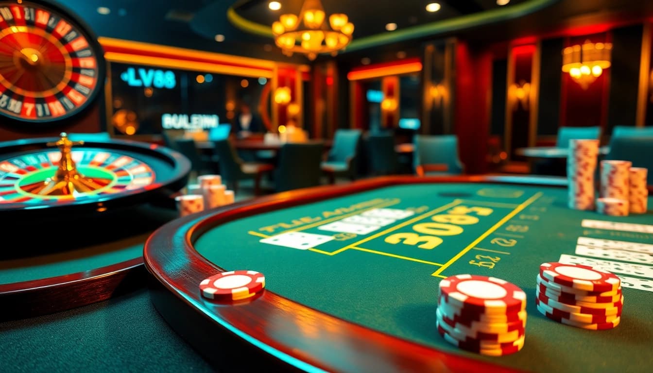 Experience the excitement of LV88 casino with vibrant games, poker chips, and roulette.