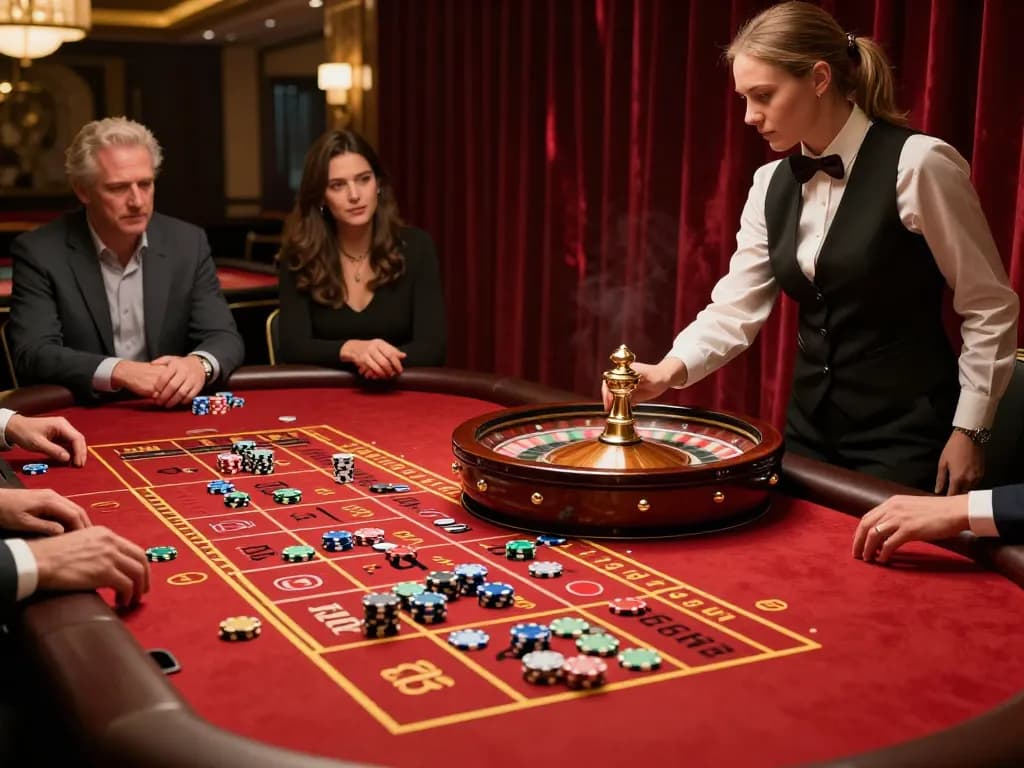 Thebigbearbutt menampilkan pemain yang terlibat di meja roulette mewah, chip terhambur, aksi taruhan dinamis yang berlangsung