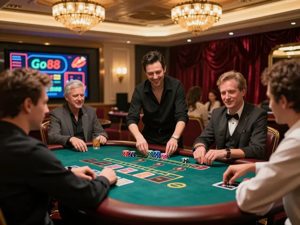 Active gameplay at Go88's live casino, vibrant table action with players and dealer engaged