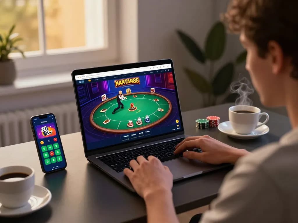 Engaging moment of online poker gameplay on mantra88 in a cozy home environment.