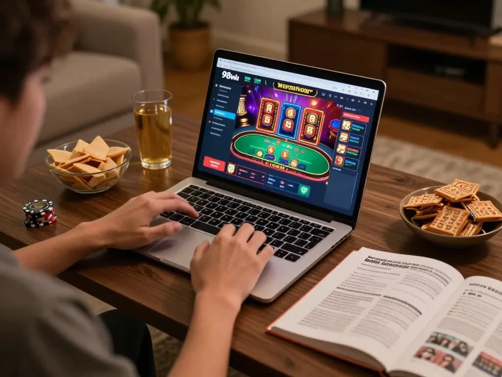 Player enjoying their gaming experience on the trang chủ 98win platform at home, engaging with various online casino games.