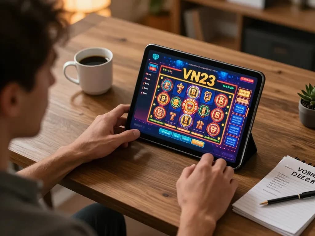 Player engaging in online gambling at VN23, showcasing casino interface with vibrant graphics in a cozy setting