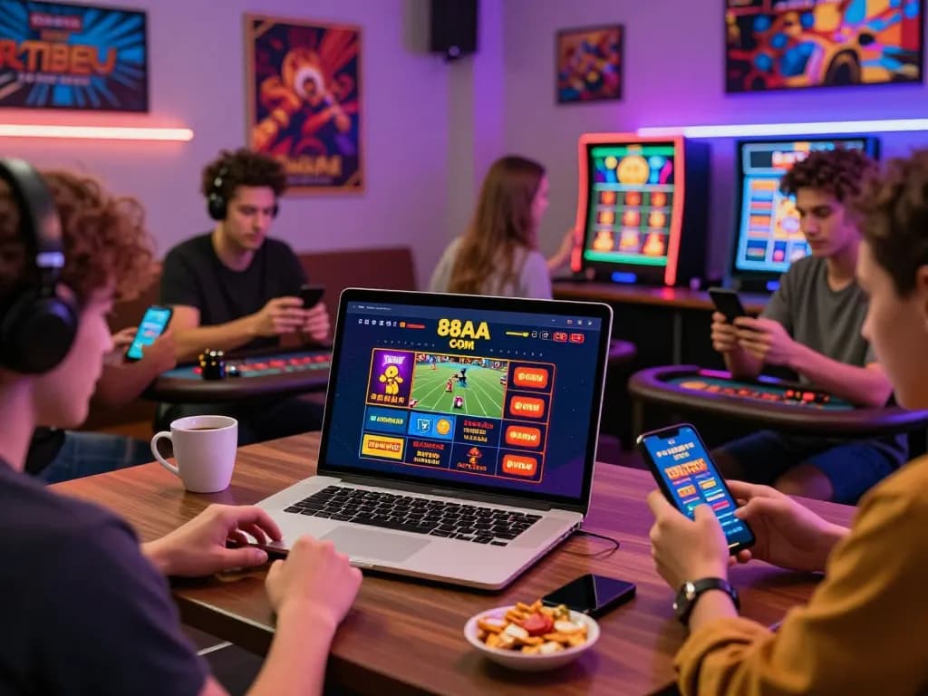 Online gaming excitement with 88aa com platform on laptop amidst players enjoying diverse gambling experiences.