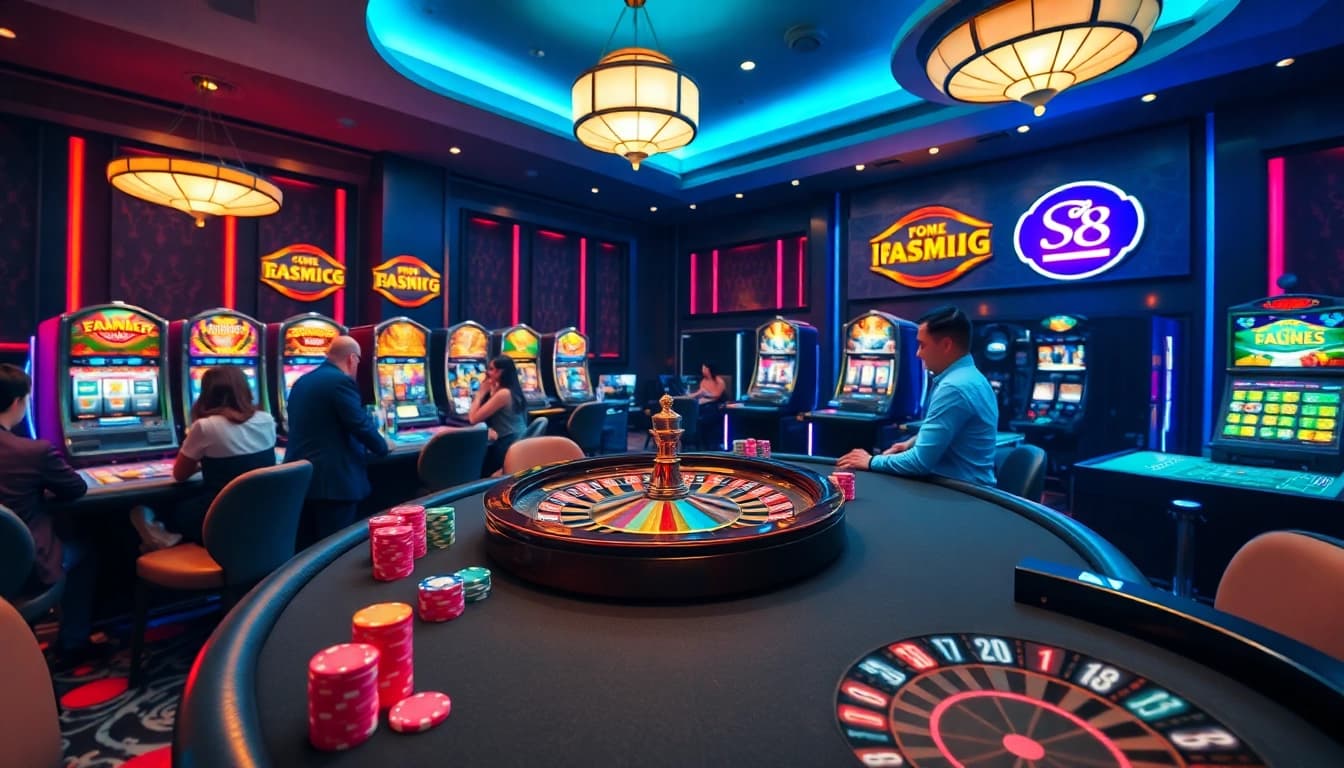S8 casino scene with players enjoying poker at a vibrant table, showcasing excitement and strategy.