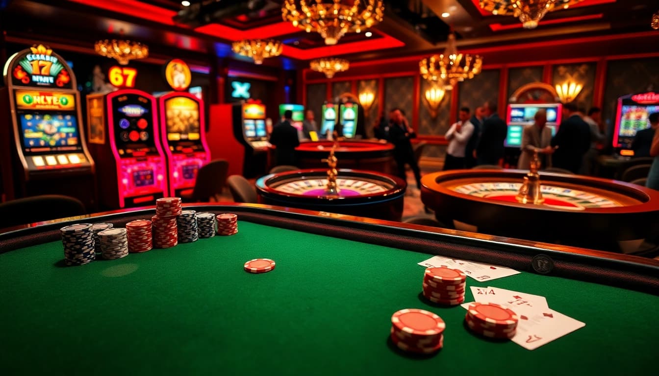 Engaging game bài đổi thưởng atmosphere with poker chips, roulette wheel, and slot machines in action.