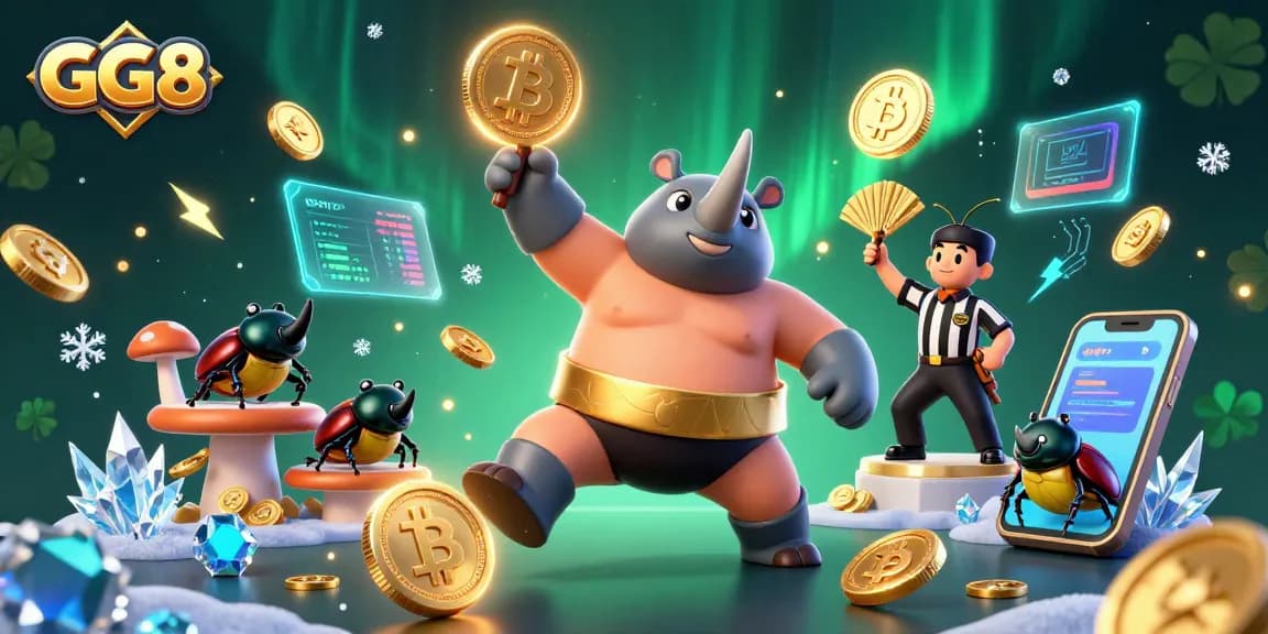 Engage with GG8, featuring a beetle champion, crypto symbols, and a dynamic gambling scene.