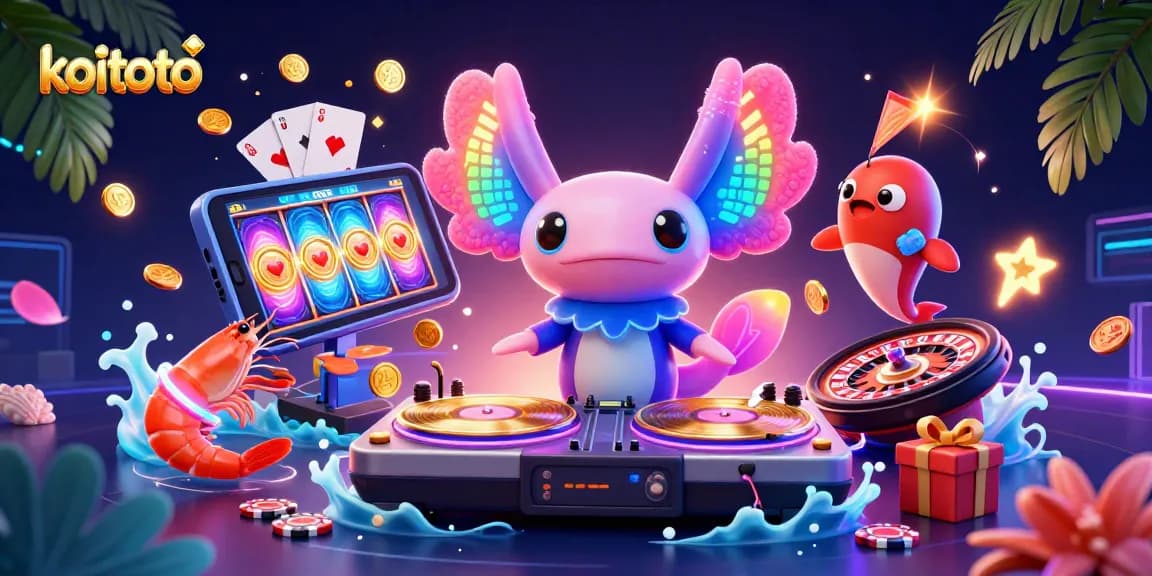 Koitoto showcases colorful online lottery excitement with vivid characters and gaming elements.