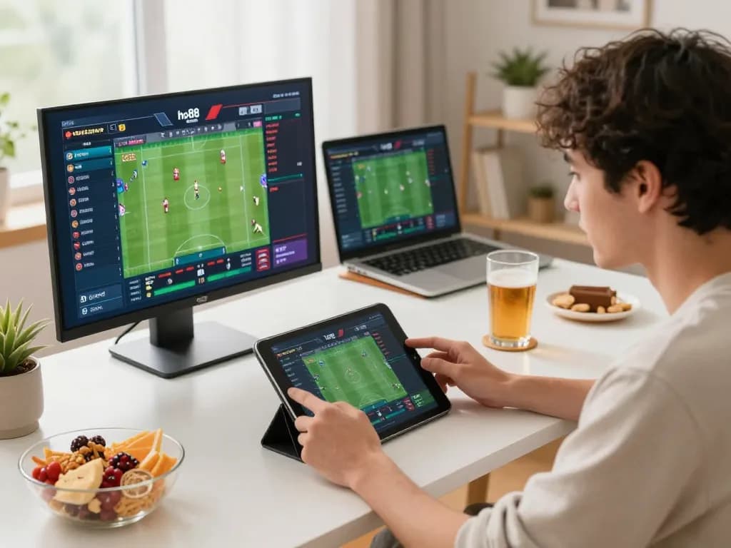 Player engaging in sports betting at ho88 on a tablet, showcasing strategic online gaming.
