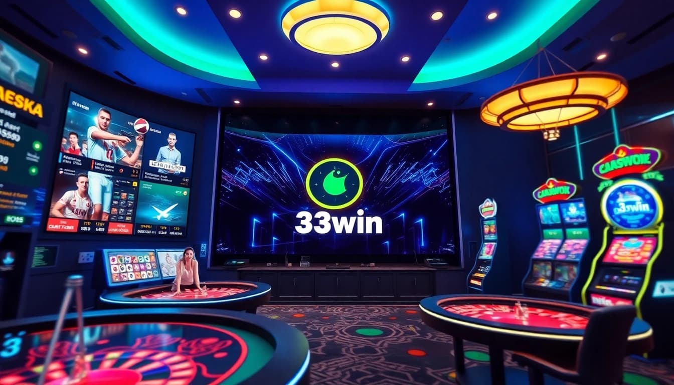 Engaging visual of the 33win online gaming platform showcasing sports betting and live casino action.