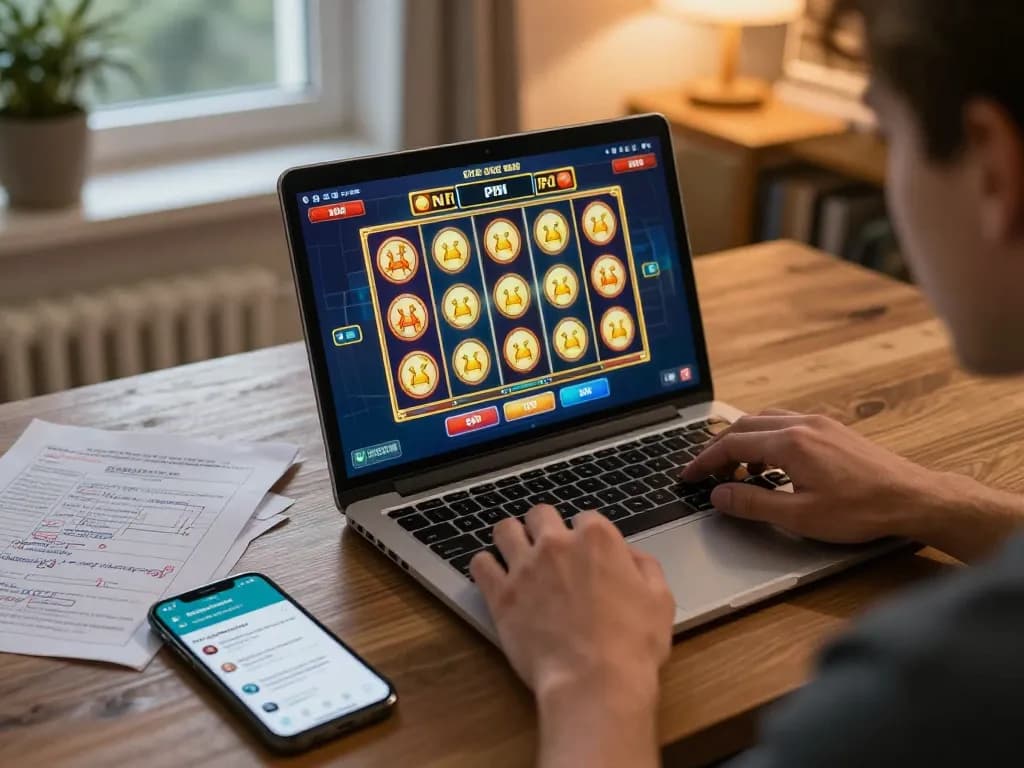 Engaging in bonus new member slots gaming from home, emphasizing strategic play and interactive environment.