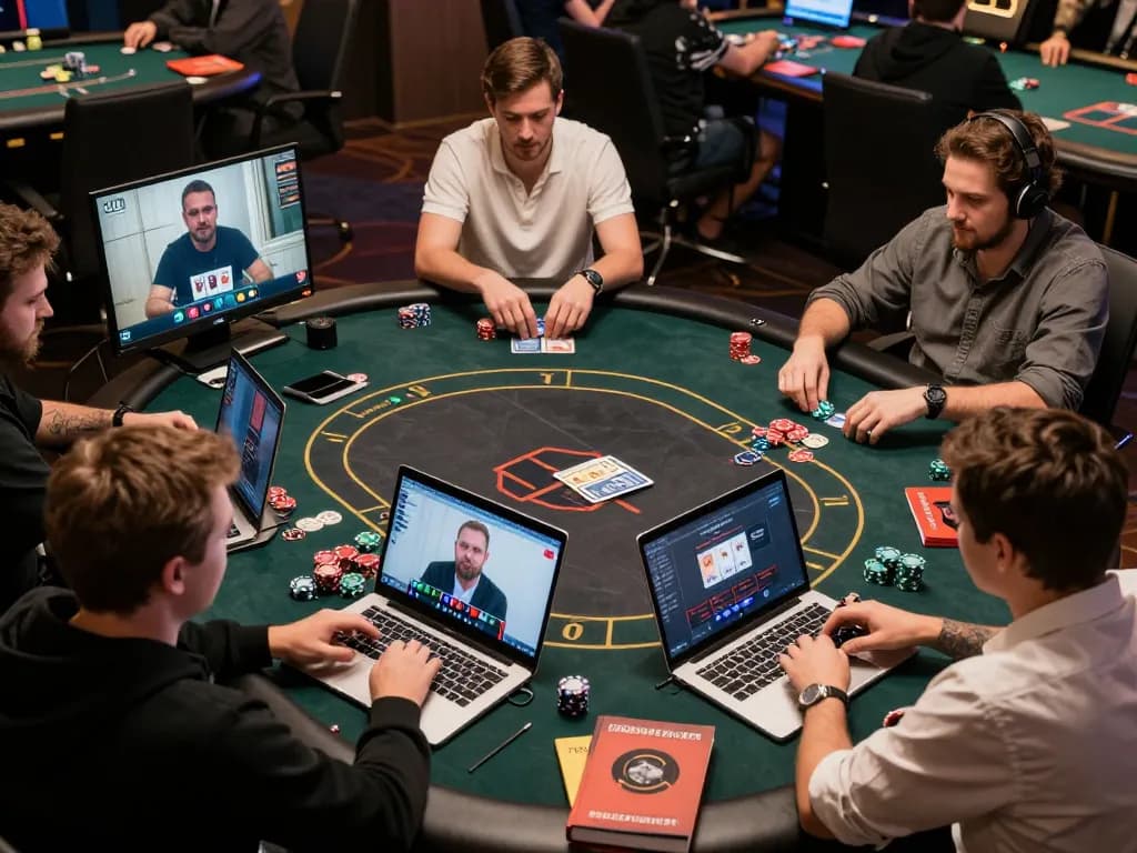 KP88 online poker players strategizing in a competitive virtual environment with laptops and gaming accessories.