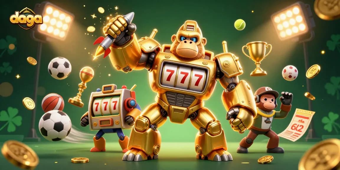 Experience the excitement of daga with a thrilling 3D golden gorilla mech illustration featuring dynamic sports elements and casino excitement.