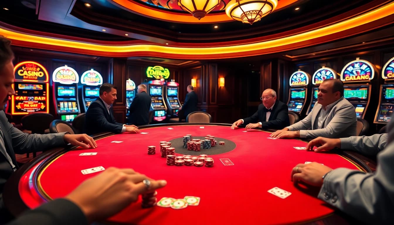 Players enjoying a thrilling game at DF999's luxurious casino, filled with vibrant colors and excitement.