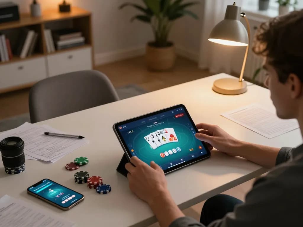 Engaging with app mu88 on tablet during home gaming session with poker cards and chips.