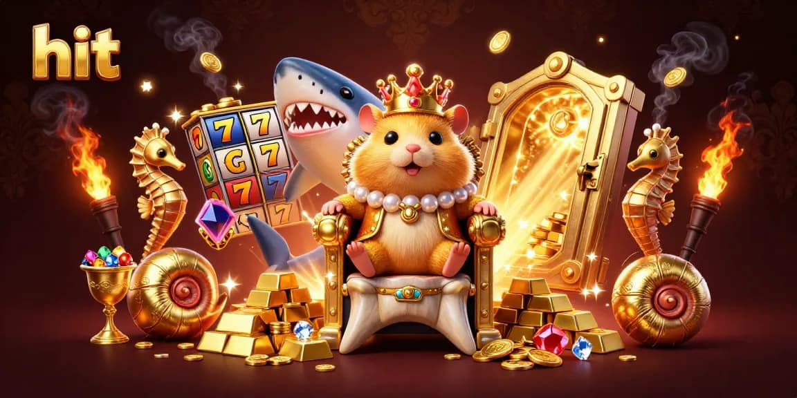 Hit the jackpot with this vibrant 3D illustration of a hamster king on a shark throne surrounded by treasure.